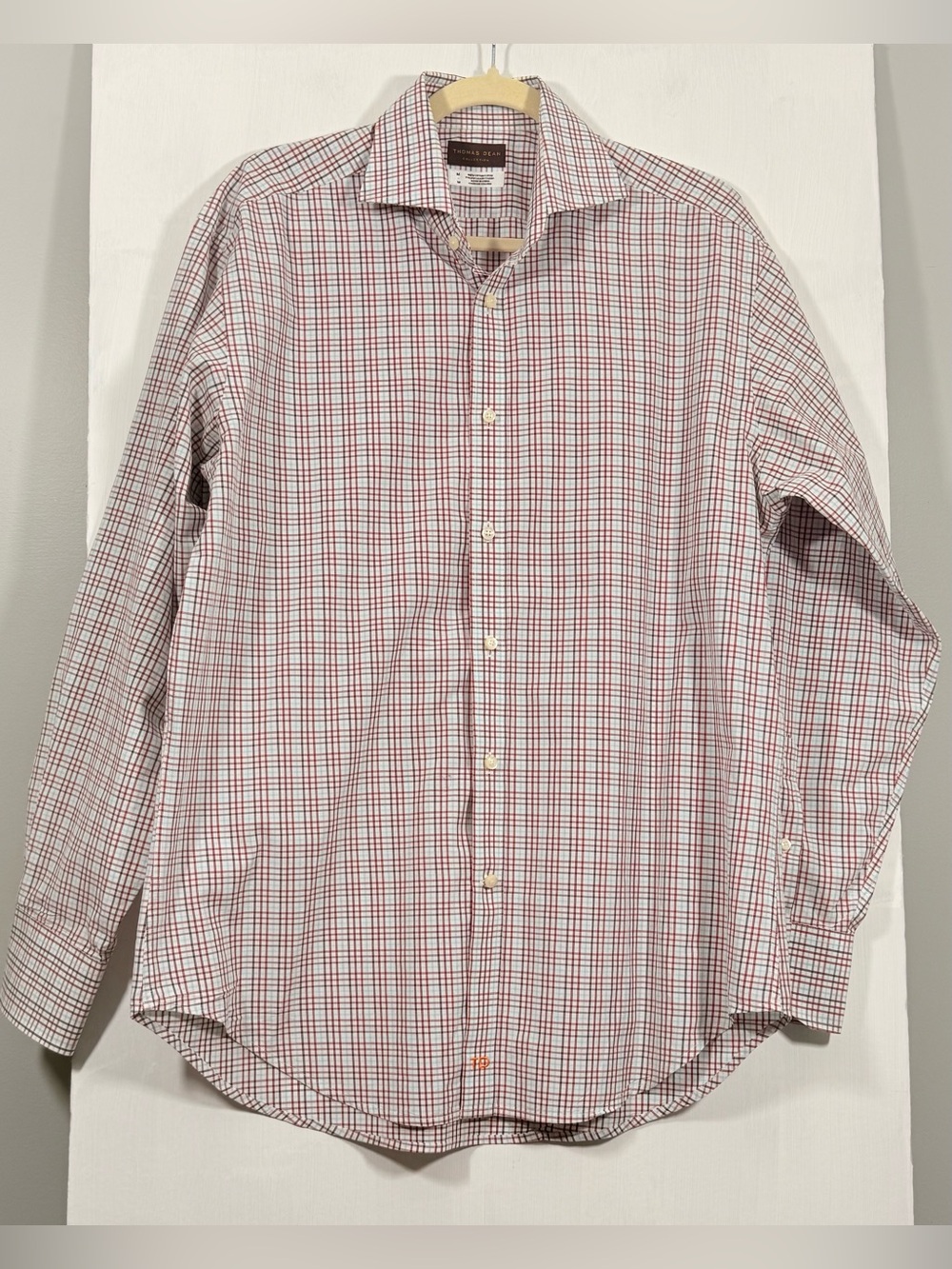 Thomas Dean Red & White Plaid Men's Dress Shirt
